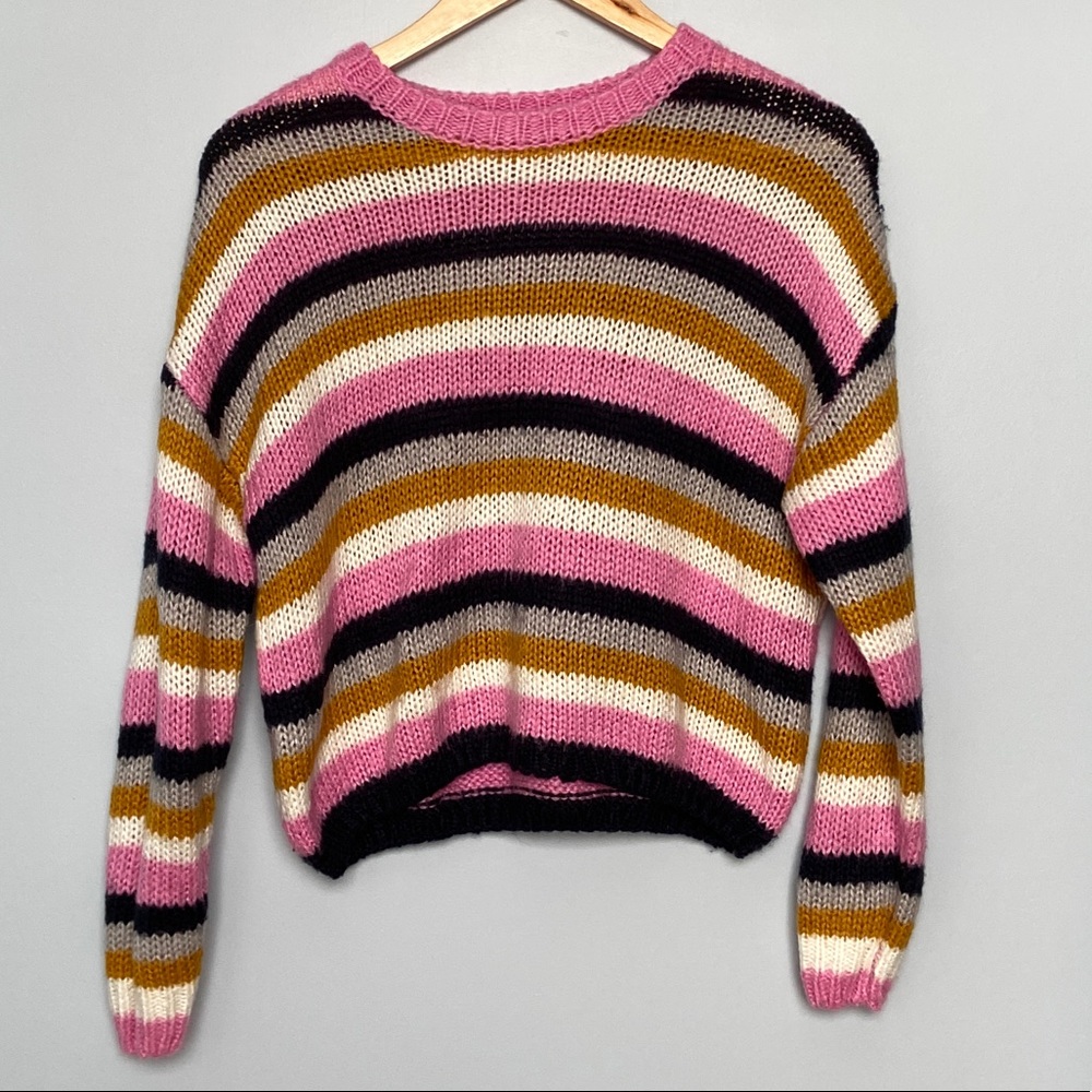 Navy, silver, pink and yellow striped sweater